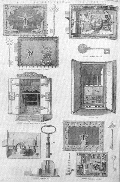Serrature e casseforti in mostra alla Grande Esposizione del 1862, illustrazione da The Illustrated London News, 15 novembre 1862 da English School