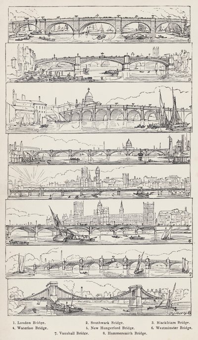 Ponte di Londra, Ponte di Southwark, Ponte di Blackfriars, Ponte di Waterloo, Nuovo Ponte di Hungerford, Ponte di Westminster, Ponte di Vauxhall, Ponte di Hammersmith (incisione) da English School