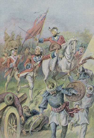 Lord Clive che comanda i britannici nella Battaglia di Plassey, India, 1757 da English School