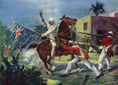 Lord Roberts che combatte due sepoy per lo stendardo britannico a Khudaganj, per il quale fu insignito della Victoria Cross durante la Rivolta Indiana da English School