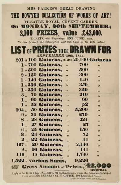 Pubblicità della lotteria. La Collezione Bowyer di Opere d