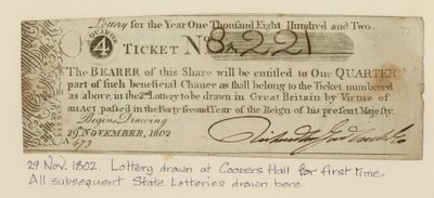 Prima estrazione della lotteria alla Coopers Hall, 29 novembre 1802 da English School