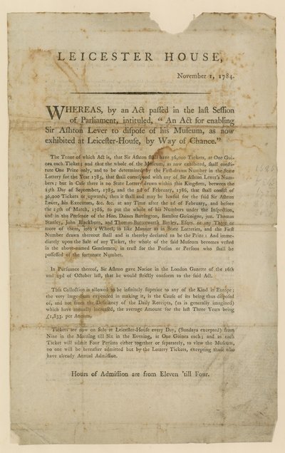 Lotteria per la dismissione del Museo di Sir Ashton Lever, 1784 da English School