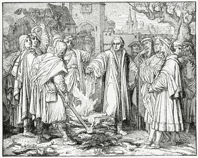 Lutero brucia la bolla papale nel 1520, 1882 da English School