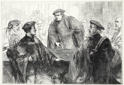 Lutero e Zwingli che discutono a Marburgo, illustrazione da La storia del protestantesimo di James Aitken Wylie, pub. 1878 da English School