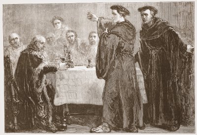 Lutero che sfida Carlstadt a scrivere contro di lui, illustrazione da La storia del protestantesimo di James Aitken Wylie, pub. 1878 da English School
