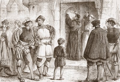Lutero inchioda le sue tesi alla porta della Schloss-Kirk a Wittemberg, illustrazione da La storia del protestantesimo di James Aitken Wylie (1808-1890), pub. 1878 da English School