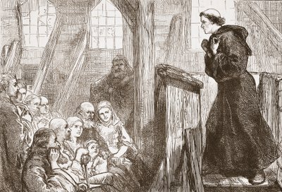 Lutero predica nella vecchia chiesa di legno a Wittemberg, illustrazione da La storia del protestantesimo di James Aitken Wylie (1808-1890), pub. 1878 da English School
