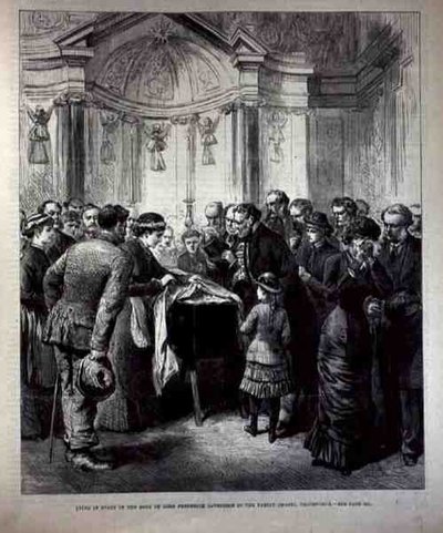 Lying in State, il Corpo di Lord Frederick Cavendish (1836-82) nella Cappella di Famiglia, Chatsworth, da The Illustrated London News, 20 maggio 1882 da English School