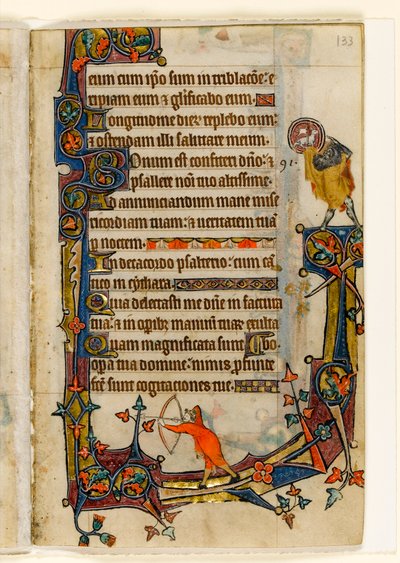 MS 1-2005, fol. 133r: Un arciere e San Giovanni Battista, decorazione marginale dal Salterio di Macclesfield, Uso di Sarum, East Anglia, c.1330 da English School