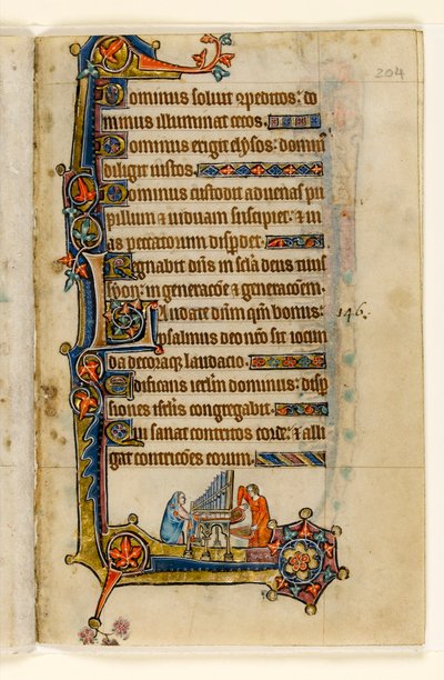 MS 1-2005, fol. 204r: Suonare un organo, decorazione marginale dal Salterio di Macclesfield, Uso di Sarum, East Anglia, c.1330 da English School