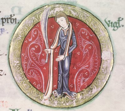 MS Hunter 229 f.4v Virgo, dal Salterio Hunteriano, c.1170 (penna e inchiostro e tempera su pergamena) (dettaglio) da English School