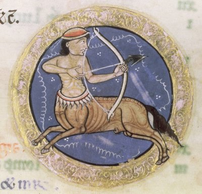 MS Hunter 229 f.6r Sagittario, dal Salterio Hunteriano (dettaglio) da English School