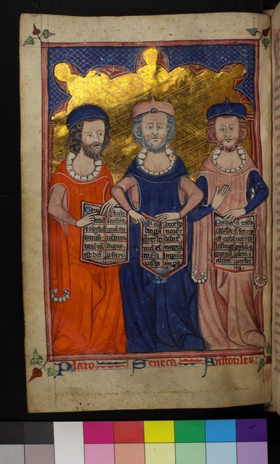 MS Hunter 231 Illustrazione di Platone, Seneca e Aristotele da English School