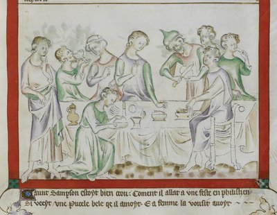 MS Royal 2 BVII, f.43 Incontro di Sansone e Dalila a una festa filistea (dettaglio) da English School