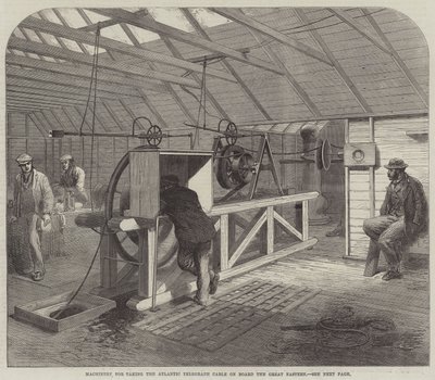 Macchinari per prendere il cavo telegrafico atlantico a bordo del Great Eastern (incisione) da English School