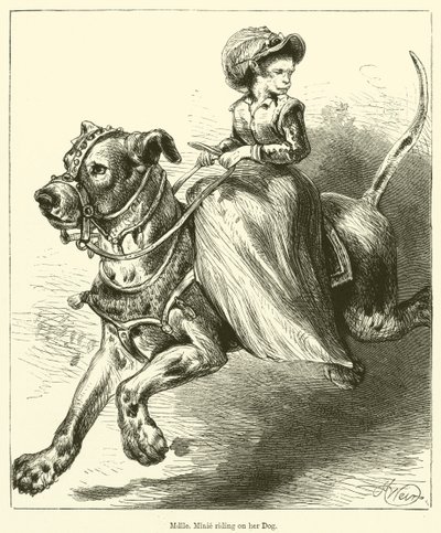 Mademoiselle Minie che cavalca il suo cane da English School