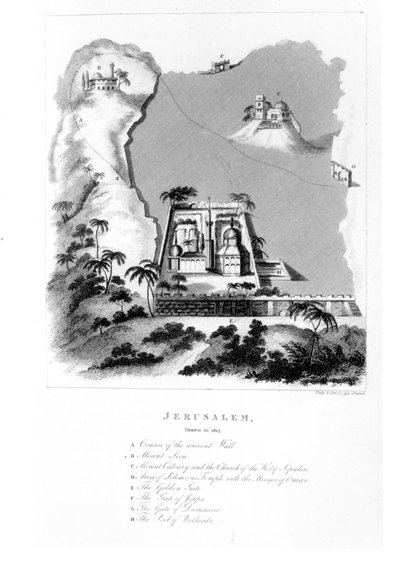 Principali punti di riferimento di Gerusalemme dalla storia del Vangelo, da Letters from Palestine, Descriptive of a Tour through Galilee and Judaea di Jolliffe, pubblicato nel 1819 da English School