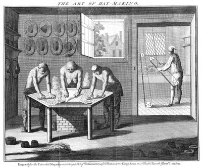 Fabbricazione di cappelli di castoro, da The Universal Magazine, Londra, pub. nel 1750 da English School