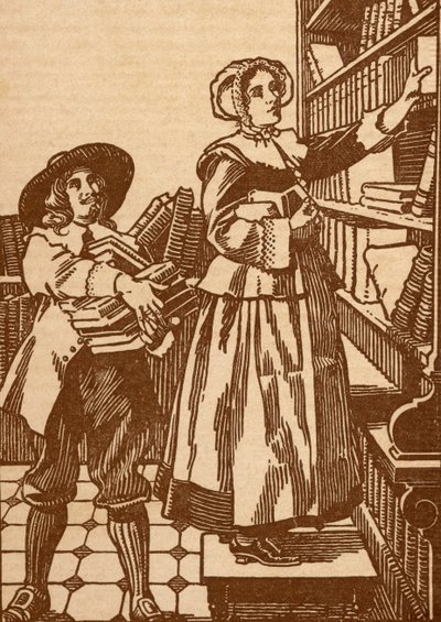 Librai maschi e femmine che lavorano in una libreria del XVII secolo da English School