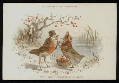 Pettirossi maschio e femmina in costume. Cartolina di auguri di Natale da English School