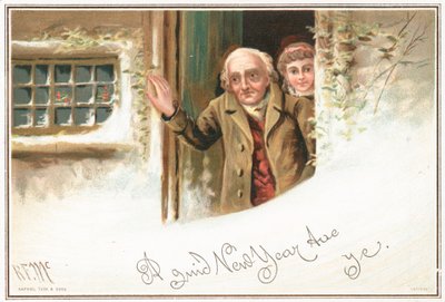 Uomo e ragazza che guardano fuori dalla porta di casa la neve da English School