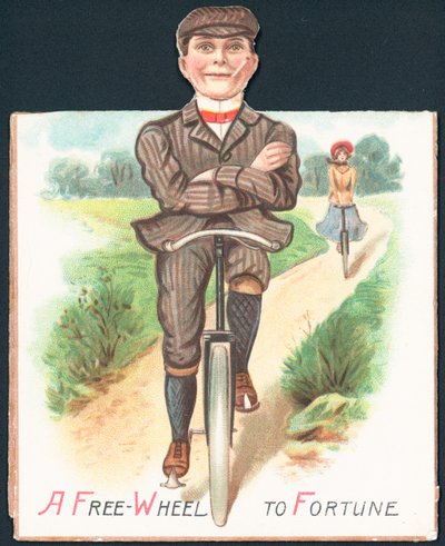 Uomo e donna in bicicletta lungo una strada di campagna, cartolina da English School
