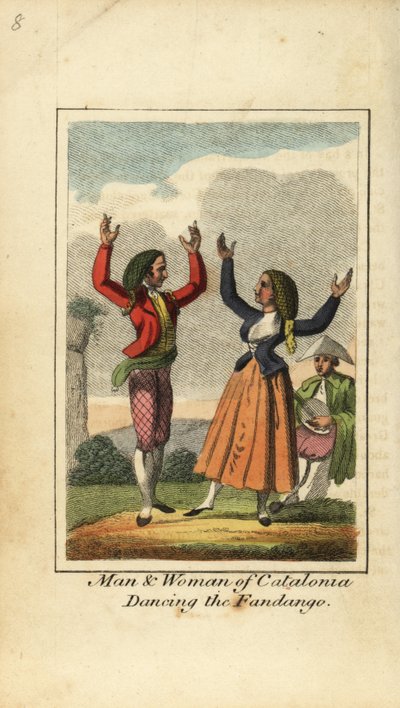 Uomo e donna della Catalogna che ballano il fandango da English School