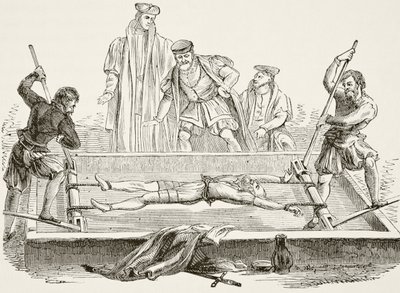 Uomo torturato sulla rastrelliera, da "The National and Domestic History of England" di William Hickman Smith Aubrey (1858-1916) pubblicato a Londra, 1890 circa (litografia) da English School