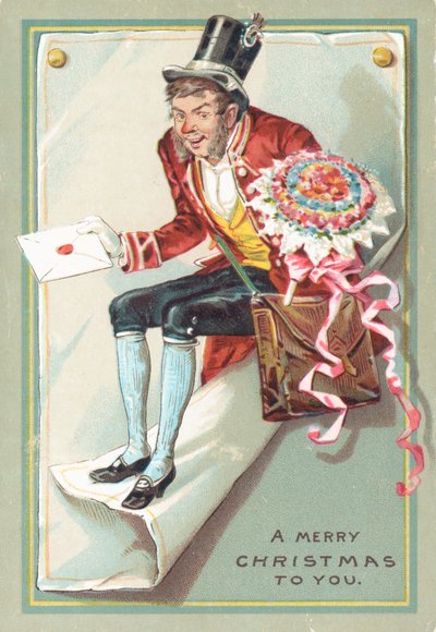 Uomo che consegna una lettera e fiori, cartolina di Natale da English School