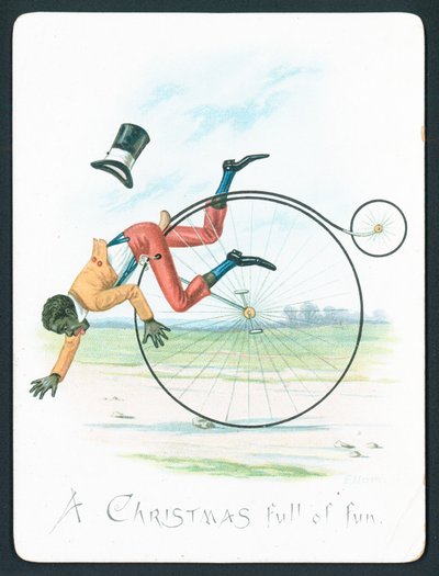 Uomo che cade da un Penny Farthing, biglietto di Natale da English School