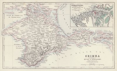 Mappa: Crimea, secondo Huot e Demidoff, disegnata e incisa da J Bartholomew, Edimburgo; Sebastopoli, secondo un piano originale russo ridotto pubblicato a Berlino da English School