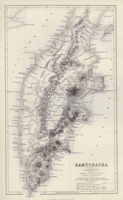 Mappa: Kamchatka, secondo A Erman, disegnata da Augustus Petermann (litografia a colori) da English School