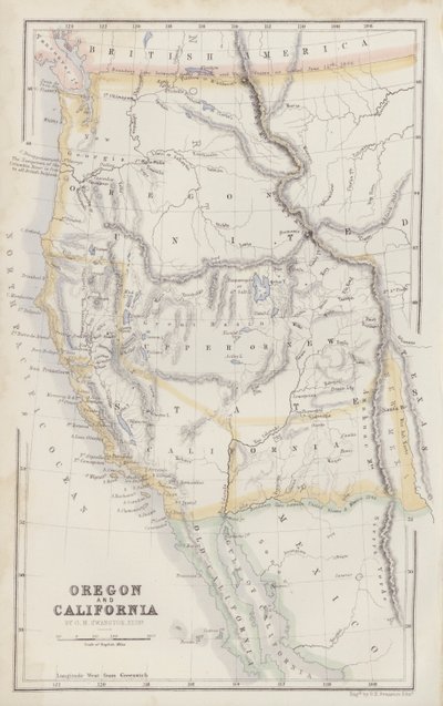 Mappa: Oregon e California di G H Swanston, Edimburgo (litografia a colori) da English School