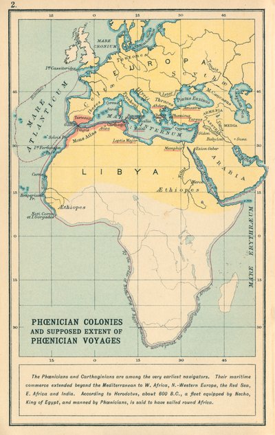 Mappa: Colonie fenicie e presunta estensione dei viaggi fenici (litografia a colori) da English School