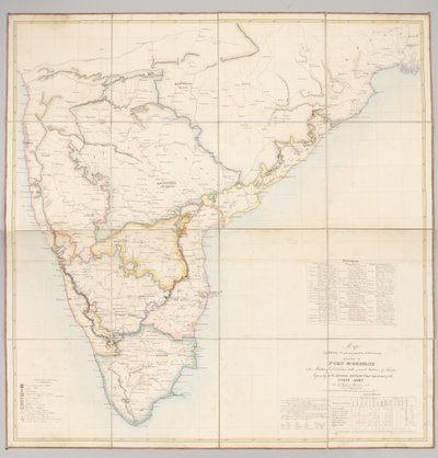 Mappa che mostra la partizione attuale del paese dipendente da Fort St. George in divisioni militari con diverse stazioni di truppe da English School