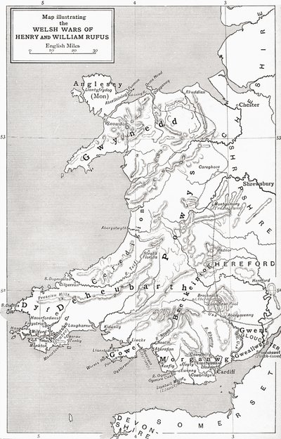 Mappa che illustra le guerre gallesi di Guglielmo il Rosso e Enrico I, da 