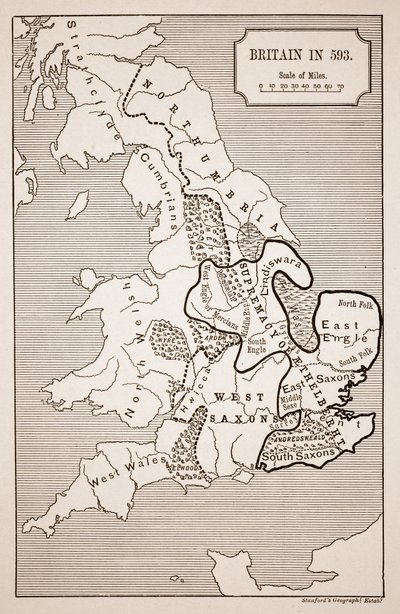 Mappa della Gran Bretagna nel 593, stampata da Stanfords Geographical Establishment da English School