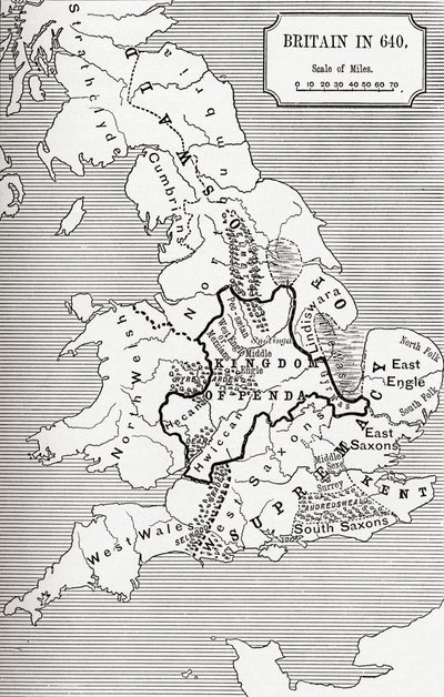 Mappa della Gran Bretagna nel 640, dal Regno di Northumbria in 