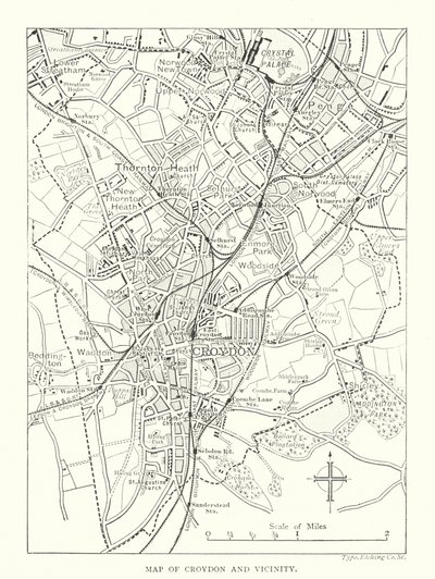 Mappa di Croydon e dintorni (incisione) da English School