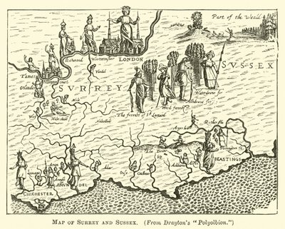 Mappa del Surrey e del Sussex da English School
