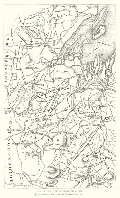 Mappa delle Fens come drenate nel 1830 (incisione) da English School