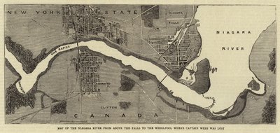 Mappa del fiume Niagara dalle cascate al vortice dove il capitano Webb è stato perso (incisione) da English School