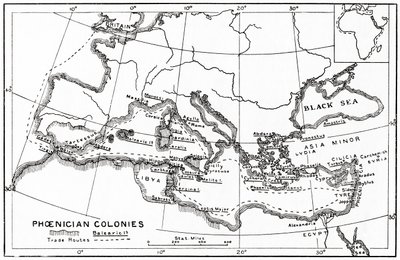 Mappa delle colonie fenicie e delle sue rotte commerciali nel Mediterraneo da English School