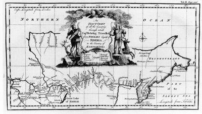 Mappa del percorso seguito da Vitus Bering attraverso la Siberia fino a Kamchatka, da Navigantium atque Itinerantium Bibliotheca, pubblicato nel 1744 da English School