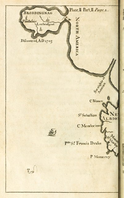 Mappa che mostra la posizione di Brobdingnag dalla prima edizione di Viaggi di Gulliver di Jonathan Swift da English School
