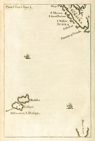 Mappa che mostra la posizione di Lilliput dalla prima edizione di Viaggi di Gulliver di Jonathan Swift da English School
