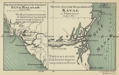 Mappa che mostra la posizione del Regno di Ely in Malabar, Schizzo che mostra la posizione di Kayal in Tinnevelly (litografia a colori) da English School