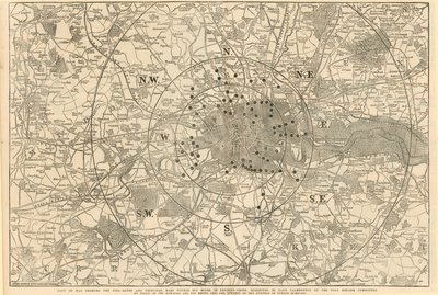 Mappa che mostra i caselli e le principali barriere entro 6 miglia da Charing Cross, esposta a Lord Palmerston dal Comitato per la Riforma dei Pedaggi da English School