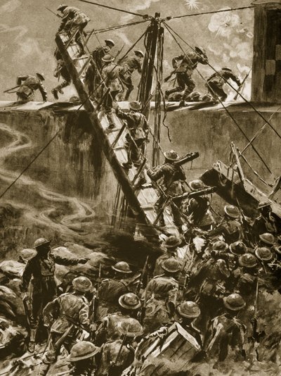 Marinai e fanti di marina che saltano nei corridoi dalla HMS Vindictive, 1914-19 da English School